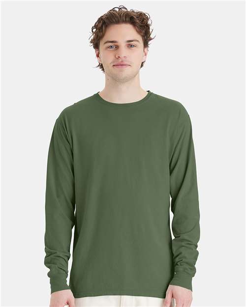 Hanes GDH200 Unisex Garment-Dyed Long Sleeve T-Shirt - Moss - model front