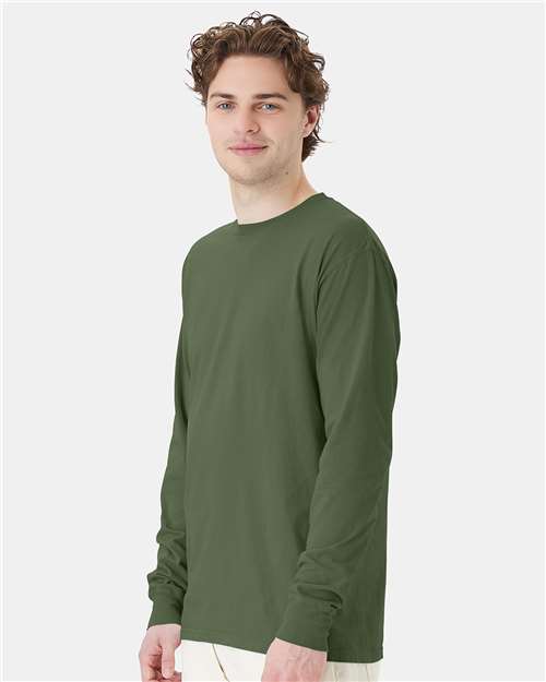 Hanes GDH200 Unisex Garment-Dyed Long Sleeve T-Shirt - Moss - model side