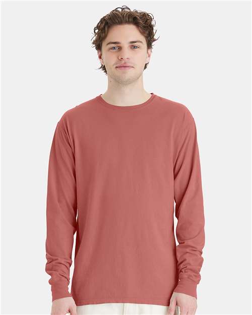 Hanes GDH200 Unisex Garment-Dyed Long Sleeve T-Shirt - Nantucket Red - model front