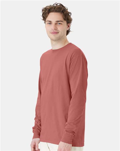 Hanes GDH200 Unisex Garment-Dyed Long Sleeve T-Shirt - Nantucket Red - model side