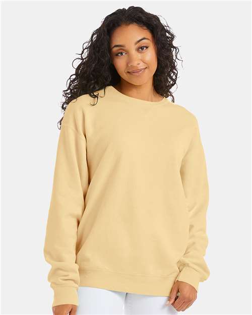 Hanes GDH400 Unisex Garment-Dyed Crewneck Sweatshirt - Summer Squash Yellow - model front