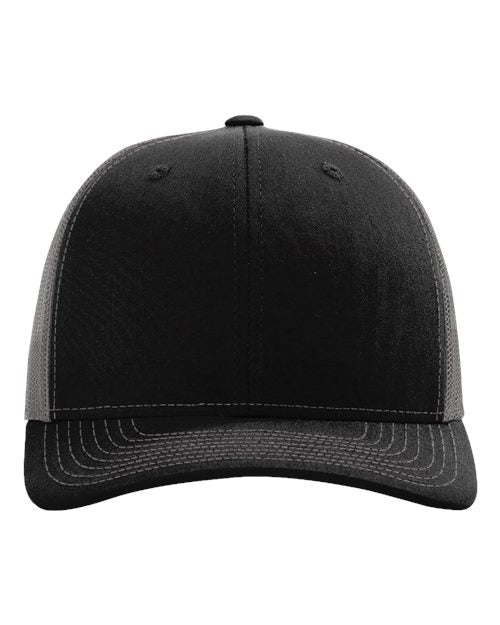 Richardson 112RE Sustainable Trucker Cap - Black/ Charcoal - front