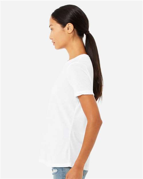 BELLA + CANVAS 6400CVC Women’s Relaxed Fit Heather CVC Tee - Solid White Blend - model side
