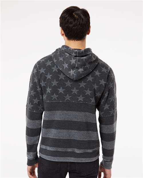 J America 8871 Triblend Fleece Hooded Sweatshirt - Black Stars & Stripes Triblend - model back