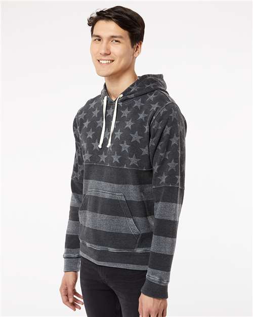J America 8871 Triblend Fleece Hooded Sweatshirt - Black Stars & Stripes Triblend - model side