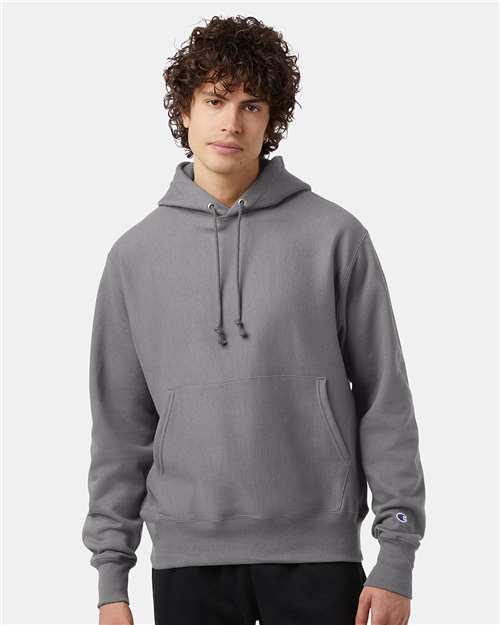 Champion S101 Unisex Reverse Weave Hooded Sweatshirt - Stone Grey - model front