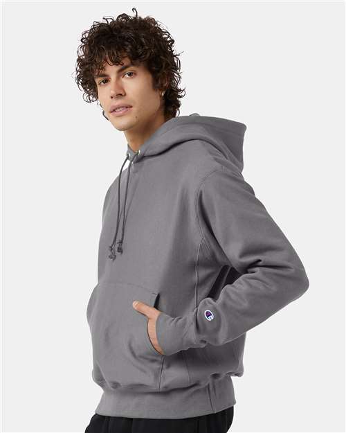 Champion S101 Unisex Reverse Weave Hooded Sweatshirt - Stone Grey - model side