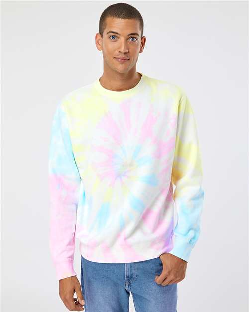 Independent Trading Co. PRM3500TD Unisex Midweight Tie-Dyed Crewneck Sweatshirt - Tie Dye Sunset Swirl - model front