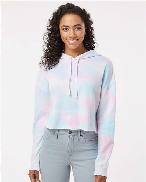Independent Trading Co. AFX64CRP Women’s Lightweight Crop Hooded Sweatshirt - Tie Dye Cotton Candy - model front