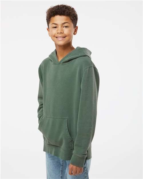 Independent Trading Co. PRM1500Y Youth Midweight Pigment-Dyed Hooded Sweatshirt - Pigment Alpine Green - model side