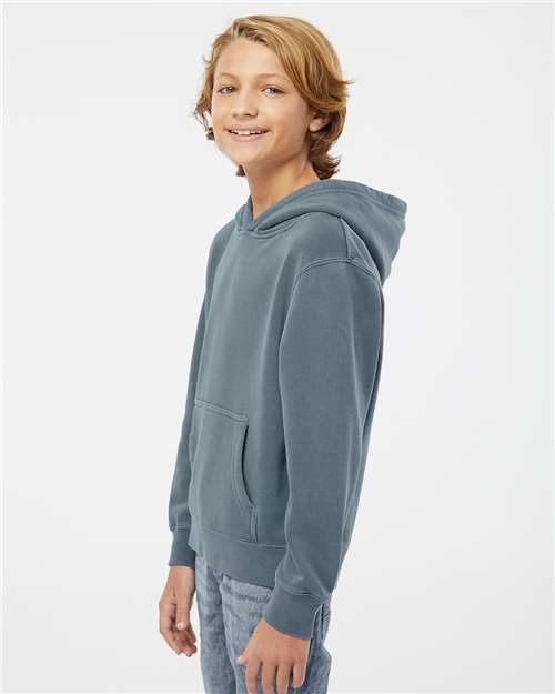 Independent Trading Co. PRM1500Y Youth Midweight Pigment-Dyed Hooded Sweatshirt - Pigment Slate Blue - model side