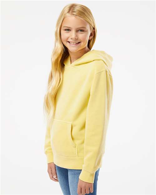 Independent Trading Co. PRM1500Y Youth Midweight Pigment-Dyed Hooded Sweatshirt - Pigment Yellow - model side
