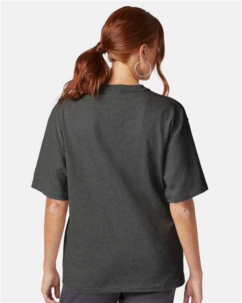 Champion T105 Unisex Heritage Jersey T-Shirt - Charcoal Heather - model back