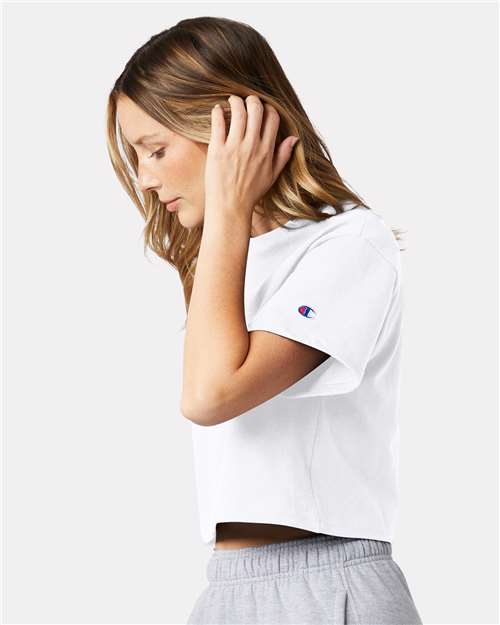 Champion T453W Women's Heritage Jersey Crop T-Shirt - White - model side