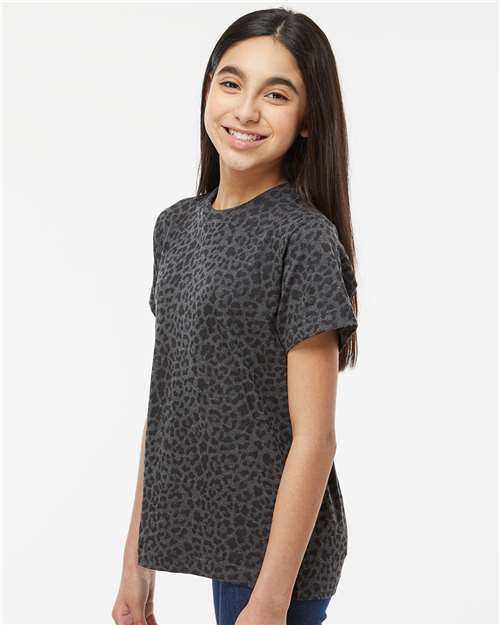 LAT 6101 Youth Fine Jersey Tee - Black Leopard - model side