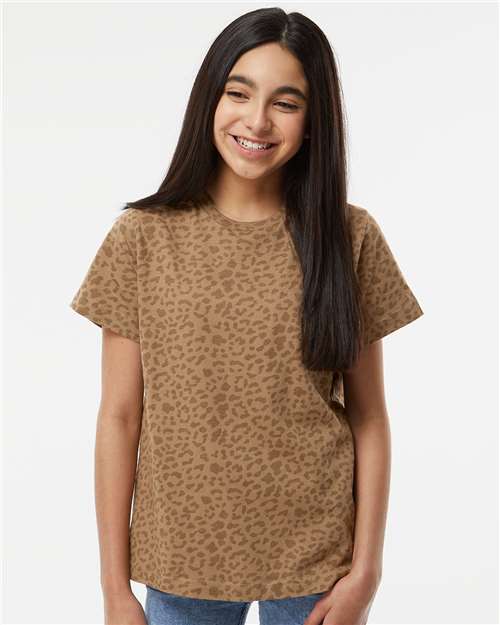 LAT 6101 Youth Fine Jersey Tee - Brown Leopard - model front