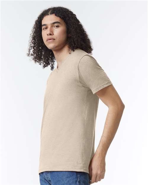 American Apparel 2006CVC Unisex CVC V-Neck Tee - Heather Bone - model side