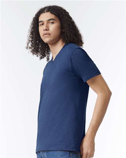 American Apparel 2006CVC Unisex CVC V-Neck Tee - Heather Indigo - model side