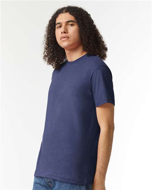 American Apparel 2001CVC Unisex CVC Tee - Heather Indigo - model side