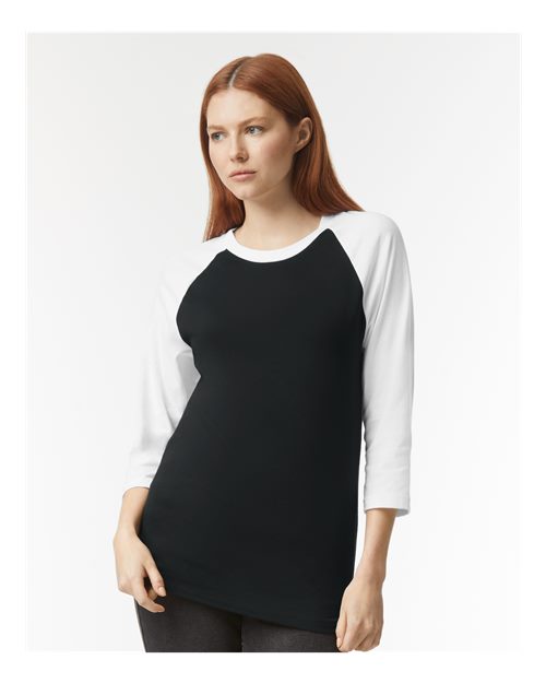 American Apparel 2003CVC Unisex CVC Three-Quarter Sleeve Tee - Black/ White - model front