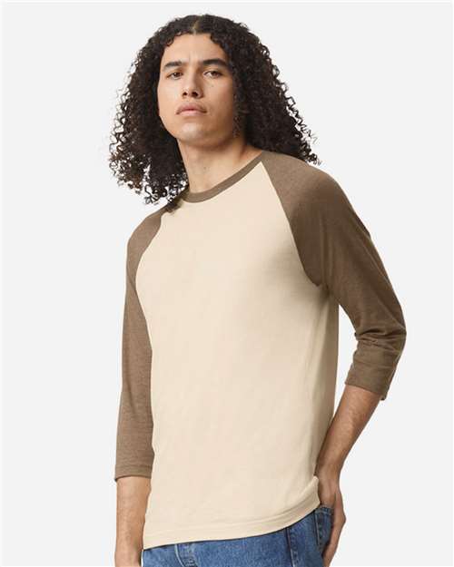 American Apparel 2003CVC Unisex CVC Three-Quarter Sleeve Tee - Heather Bone/ Heather Army - model side