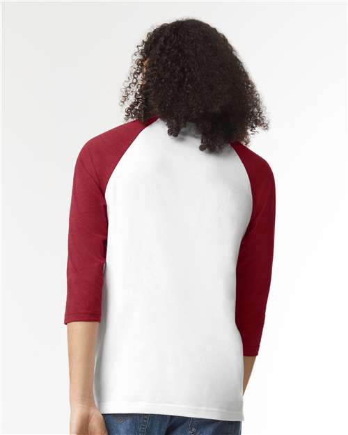 American Apparel 2003CVC Unisex CVC Three-Quarter Sleeve Tee - White/ Heather Cardinal - model back