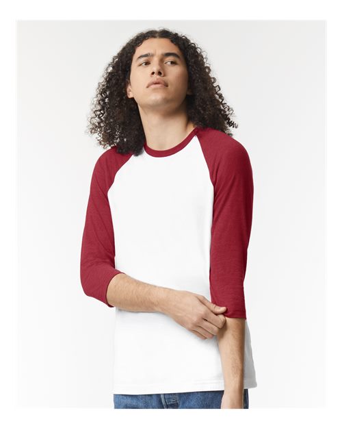 American Apparel 2003CVC Unisex CVC Three-Quarter Sleeve Tee - White/ Heather Cardinal - model front