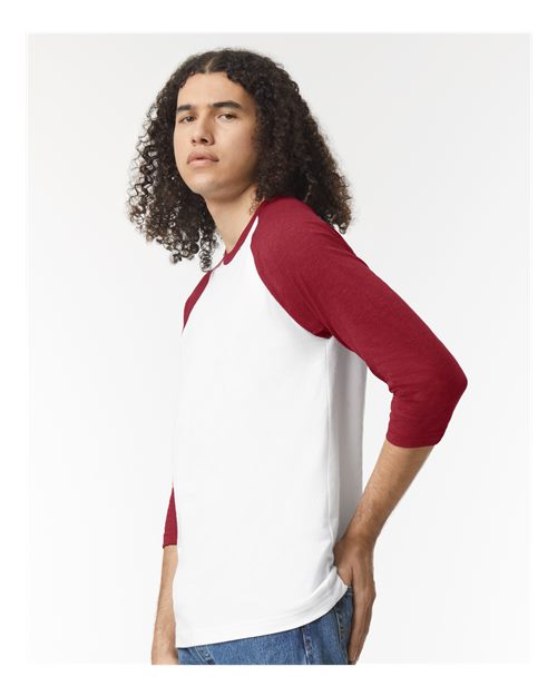 American Apparel 2003CVC Unisex CVC Three-Quarter Sleeve Tee - White/ Heather Cardinal - model side