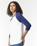 American Apparel 2003CVC Unisex CVC Three-Quarter Sleeve Tee - White/ Heather Indigo - model side