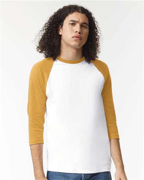 American Apparel 2003CVC Unisex CVC Three-Quarter Sleeve Tee - White/ Heather Mustard - model front