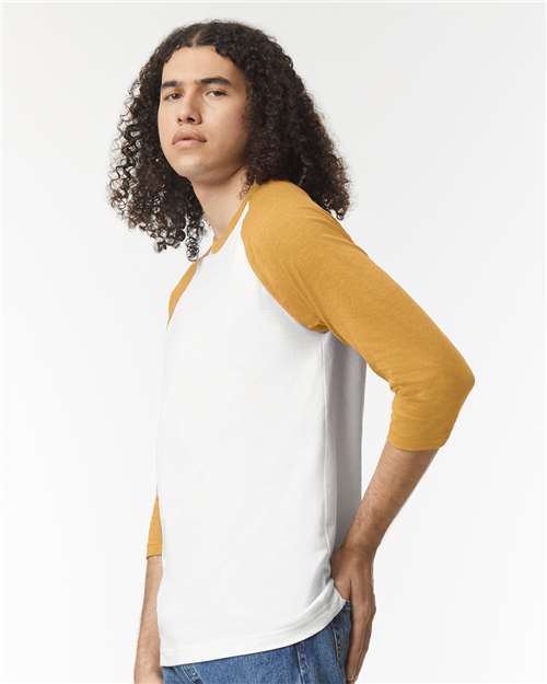 American Apparel 2003CVC Unisex CVC Three-Quarter Sleeve Tee - White/ Heather Mustard - model side