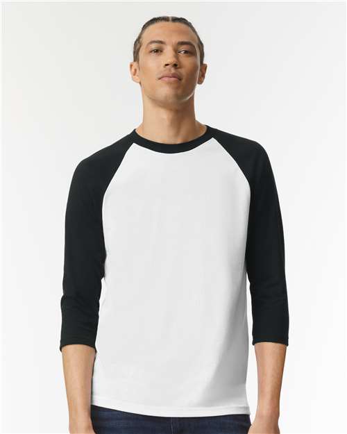 American Apparel 2003CVC Unisex CVC Three-Quarter Sleeve Tee - White/ Black - model front