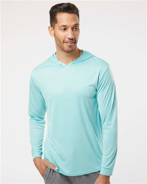 Paragon 220 Unisex Bahama Performance Hooded Long Sleeve T-Shirt - Aqua Blue - model front