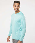 Paragon 220 Unisex Bahama Performance Hooded Long Sleeve T-Shirt - Aqua Blue - model side