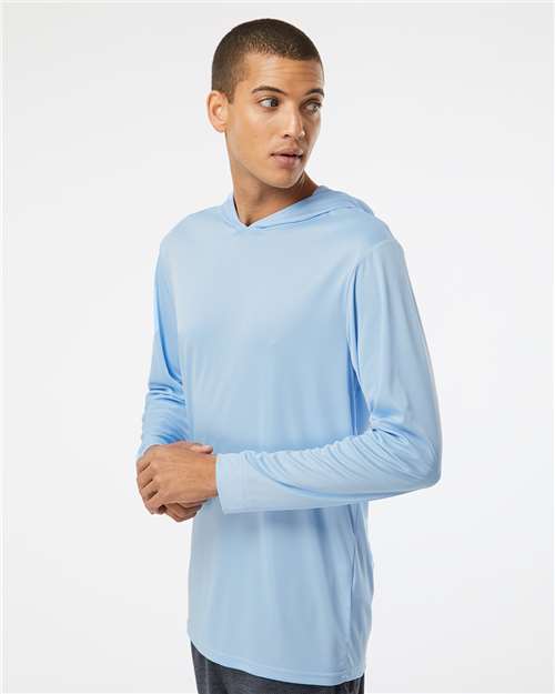 Paragon 220 Unisex Bahama Performance Hooded Long Sleeve T-Shirt - Blue Mist - model side