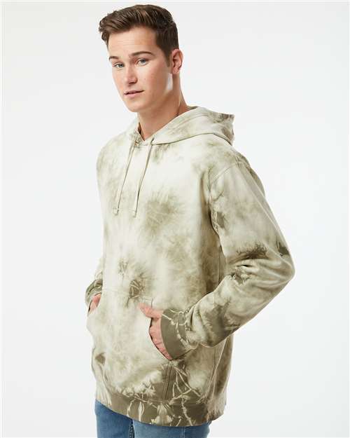 Independent Trading Co. PRM4500TD Unisex Midweight Tie-Dyed Hooded Sweatshirt - Tie Dye Olive - model side