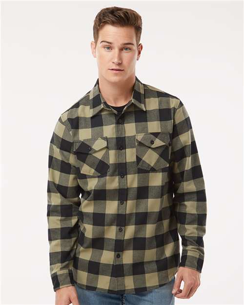 Independent Trading Co. EXP50F Unisex Flannel Shirt - Olive/ Black - model front
