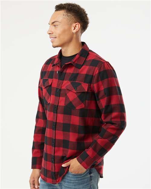 Independent Trading Co. EXP50F Unisex Flannel Shirt - Red/ Black - model side