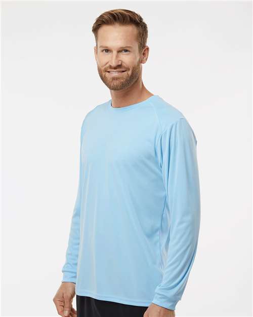 Paragon 210 Unisex Long Islander Performance Long Sleeve T-Shirt - Blue Mist - model side