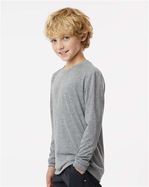Paragon 218Y Youth Long Islander Performance Long Sleeve T-Shirt - Heather Grey - model side