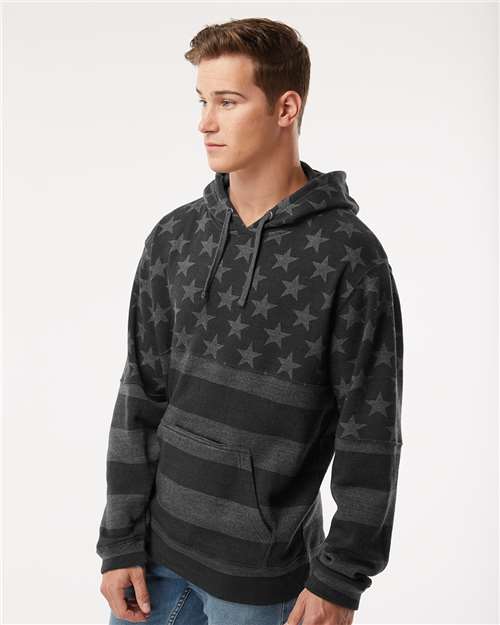 J. America 8815 Men's Tailgate Hooded Sweatshirt - Black Stars & Stripes - model side