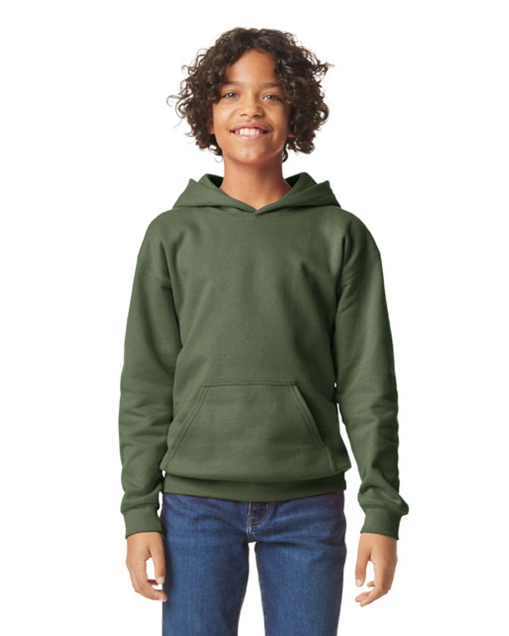 Gildan SF500B Youth Softstyle Midweight Hooded Sweatshirt - Military Green - model front
