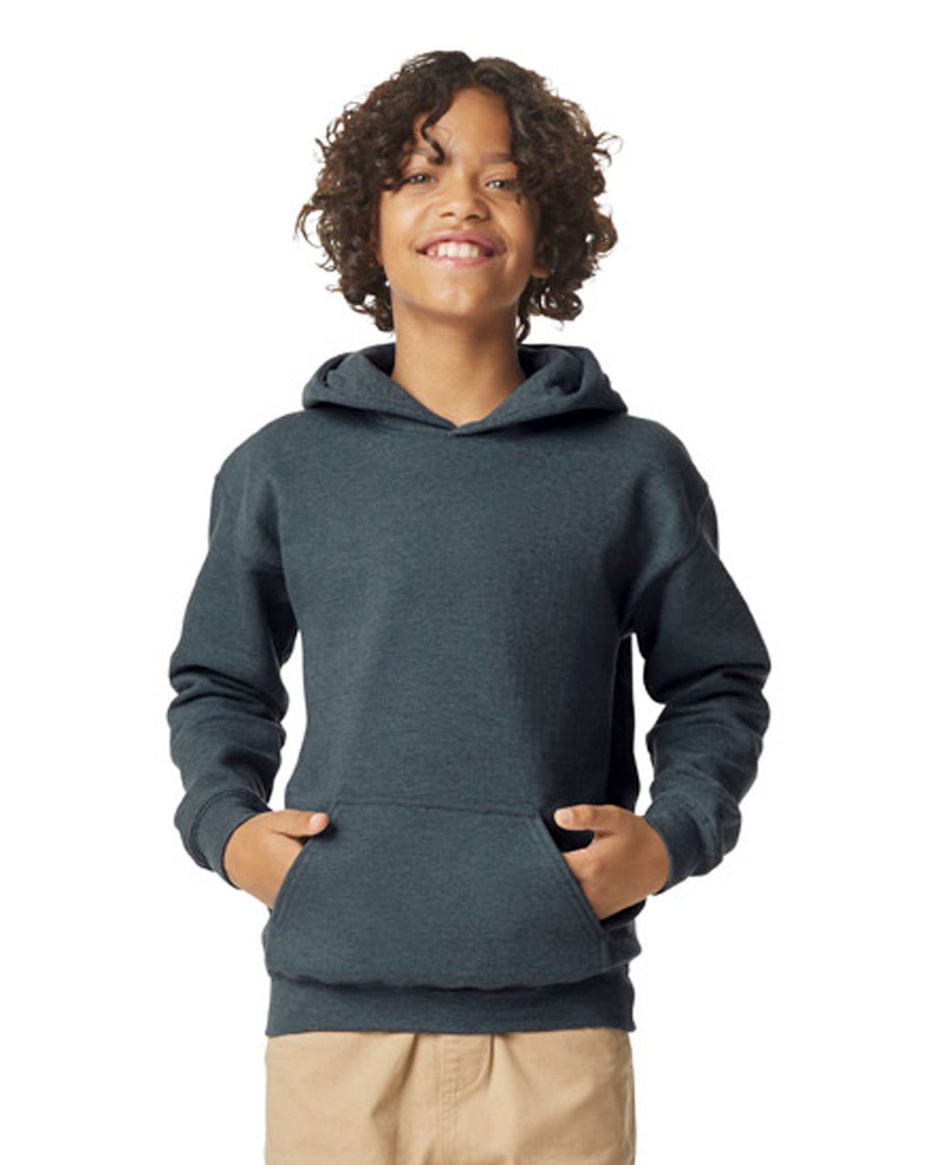 Gildan SF500B Youth Softstyle Midweight Hooded Sweatshirt - Dark Heather - model front